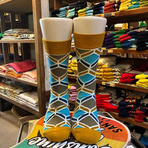 TOPANGA SOCKS Men's　ジオメトリックソックス　ベージュ×ブルー　靴下　メンズソックス　スニーカー　足元ファッション　プチギフト　クルーソックス
