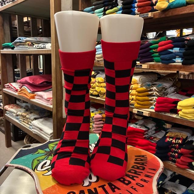 TOPANGA SOCKS Men's　ブロックチェックソックス　レッド×ブラック　靴下　メンズソックス　スニーカー　足元ファッション　プチギフト　クルーソックス