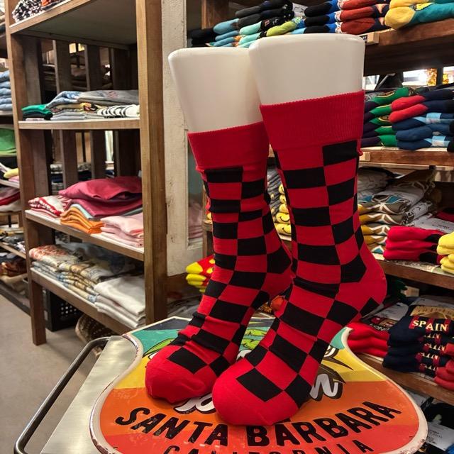 TOPANGA SOCKS Men's　ブロックチェックソックス　レッド×ブラック　靴下　メンズソックス　スニーカー　足元ファッション　プチギフト　クルーソックス
