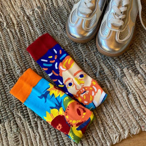 TOPANGA SOCKS Lady's　アシンメトリーソックス　ゴッホとひまわり　ブルー　水色　ファッション　レディース　靴下　ユニーク　プチギフト