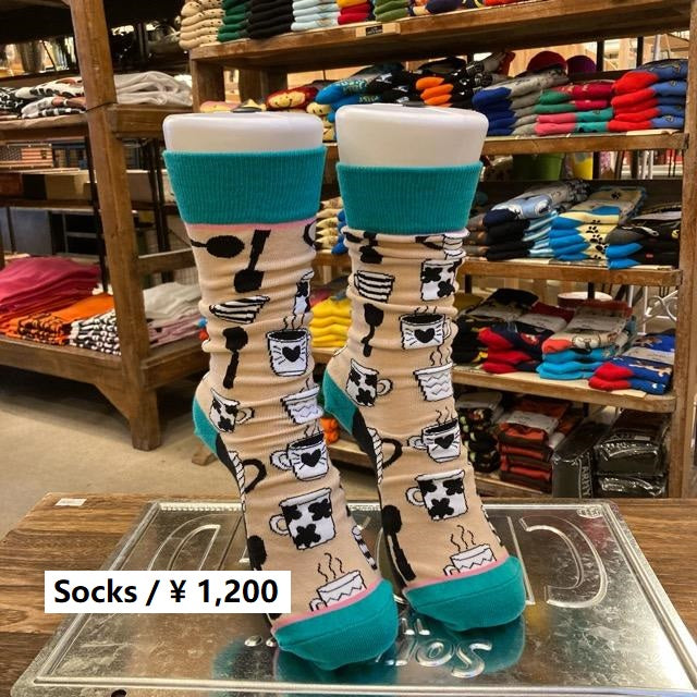 TOPANGA SOCKS Lady's　アートソックス　マグカップ　ライフ　ベージュ　グリーン　ファッション　レディース　靴下　ユニーク　プチギフト