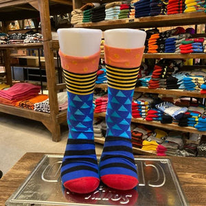 TOPANGA SOCKS Men's　クレイジーパターンソックス　トライアングル　ブルー　ドット　ボーダー　水玉　靴下　メンズソックス　派手ソックス　ハイソックス