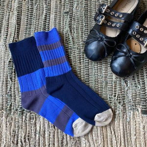 TOPANGA SOCKS Lady's　バイカラーアシンメトリーリブソックス　ブルー×ネイビー×グレー　ボーダー　ファッション　レディース　靴下　ユニーク　プチギフト