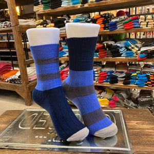 TOPANGA SOCKS Lady's　バイカラーアシンメトリーリブソックス　ブルー×ネイビー×グレー　ボーダー　ファッション　レディース　靴下　ユニーク　プチギフト