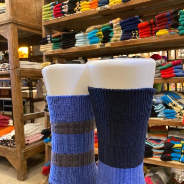 TOPANGA SOCKS Lady's　バイカラーアシンメトリーリブソックス　ブルー×ネイビー×グレー　ボーダー　ファッション　レディース　靴下　ユニーク　プチギフト