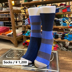 TOPANGA SOCKS Lady's　バイカラーアシンメトリーリブソックス　ブルー×ネイビー×グレー　ボーダー　ファッション　レディース　靴下　ユニーク　プチギフト