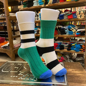 TOPANGA SOCKS Lady's　バイカラーアシンメトリーリブソックス　ブラック×ホワイト×グリーン　ボーダー　ファッション　レディース　靴下　プチギフト