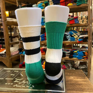 TOPANGA SOCKS Lady's　バイカラーアシンメトリーリブソックス　ブラック×ホワイト×グリーン　ボーダー　ファッション　レディース　靴下　プチギフト