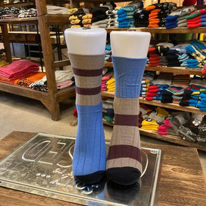 TOPANGA SOCKS Lady's　バイカラーアシンメトリーリブソックス　ベージュ×ブラウン×ブルー　ボーダー　ファッション　レディース　靴下　プチギフト