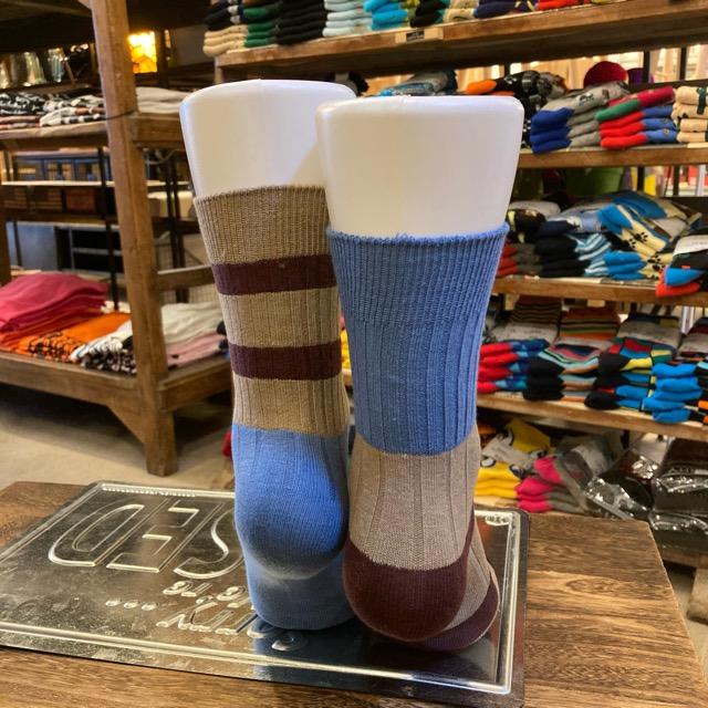 TOPANGA SOCKS Lady's　バイカラーアシンメトリーリブソックス　ベージュ×ブラウン×ブルー　ボーダー　ファッション　レディース　靴下　プチギフト