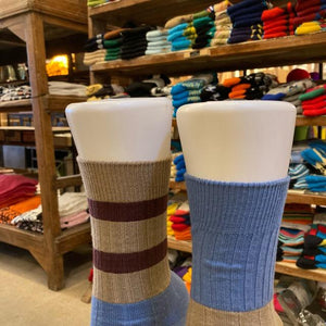 TOPANGA SOCKS Lady's　バイカラーアシンメトリーリブソックス　ベージュ×ブラウン×ブルー　ボーダー　ファッション　レディース　靴下　プチギフト