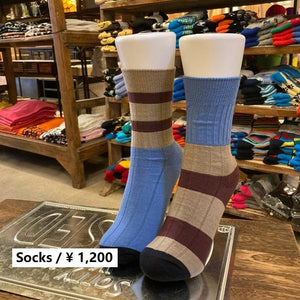 TOPANGA SOCKS Lady's　バイカラーアシンメトリーリブソックス　ベージュ×ブラウン×ブルー　ボーダー　ファッション　レディース　靴下　プチギフト