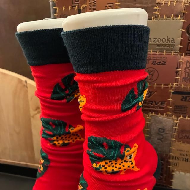 TOPANGA SOCKS Lady's Art Socks Leopard and Monstera Red