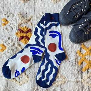 TOPANGA SOCKS Lady's　アートソックス　Seven　ホワイト　ブルー　ファッション　レディース　靴下　ユニーク　プチギフト　アートソックス　クルーソックス