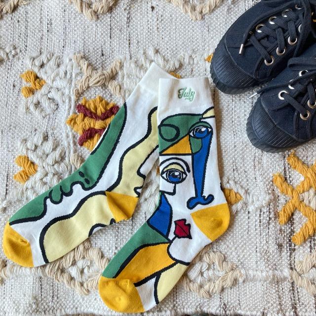 TOPANGA SOCKS Lady's　アートソックス　July　ホワイト　グリーン　ファッション　レディース　靴下　ユニーク　プチギフト　アートソックス　クルーソックス