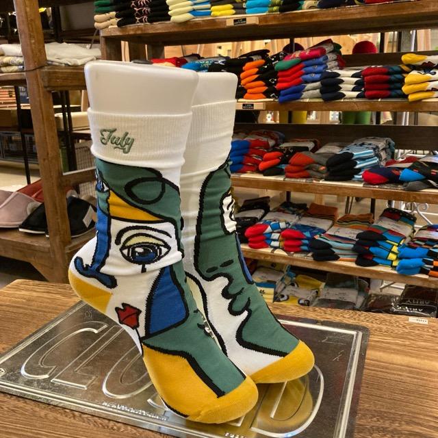 TOPANGA SOCKS Lady's　アートソックス　July　ホワイト　グリーン　ファッション　レディース　靴下　ユニーク　プチギフト　アートソックス　クルーソックス