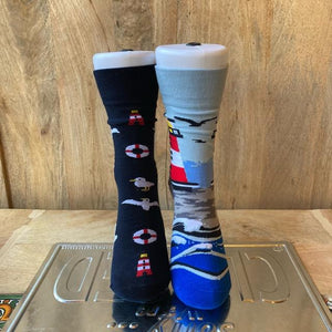 TOPANGA SOCKS Lady's　アシンメトリーソックス　Lighthouse　灯台　ブルー　カモメ　　靴下　ユニーク　プチギフト　クルーソックス