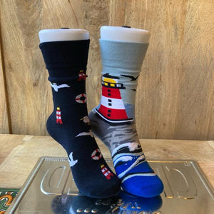 TOPANGA SOCKS Lady's　アシンメトリーソックス　Lighthouse　灯台　ブルー　カモメ　　靴下　ユニーク　プチギフト　クルーソックス