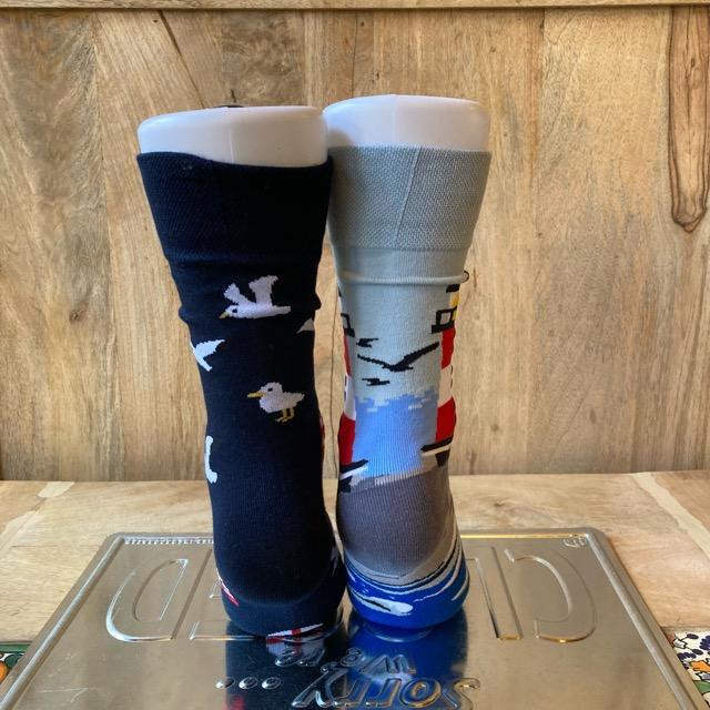 TOPANGA SOCKS Lady's　アシンメトリーソックス　Lighthouse　灯台　ブルー　カモメ　　靴下　ユニーク　プチギフト　クルーソックス