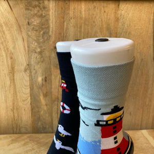 TOPANGA SOCKS Lady's　アシンメトリーソックス　Lighthouse　灯台　ブルー　カモメ　　靴下　ユニーク　プチギフト　クルーソックス