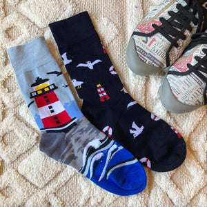 TOPANGA SOCKS Lady's　アシンメトリーソックス　Lighthouse　灯台　ブルー　カモメ　　靴下　ユニーク　プチギフト　クルーソックス