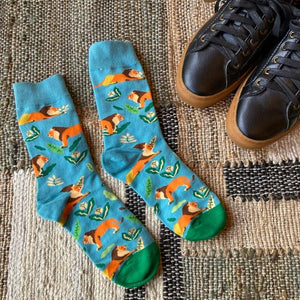 TOPANGA SOCKS Men's　花とライオンソックス　ブルー　オレンジ　フラワー　靴下　メンズソックス　派手ソックス　プチギフト