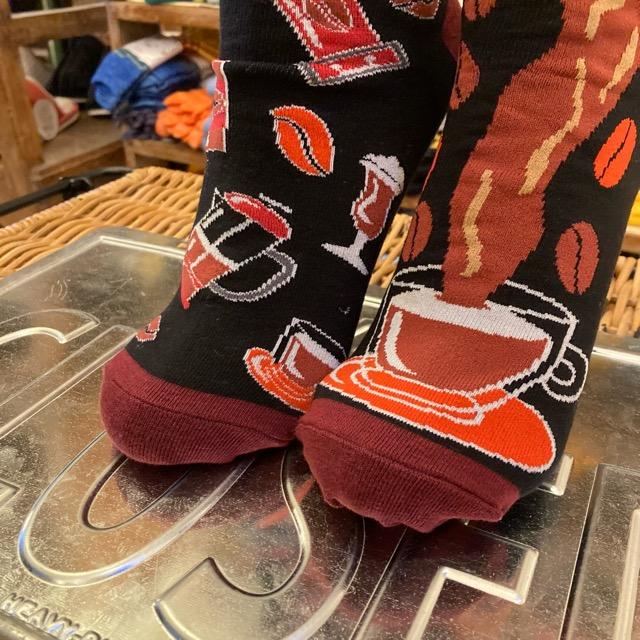 TOPANGA SOCKS Lady's　アシンメトリーソックス　コーヒータイム　ブラック　ブラウン　カフェタイム　　靴下　ユニーク　プチギフト　クルーソックス