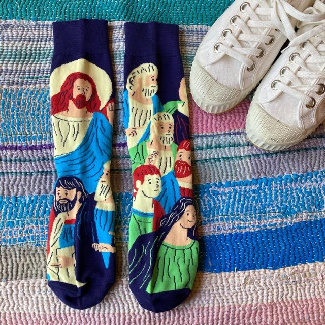 TOPANGA SOCKS Lady's　アシンメトリーソックス　イエスと12使徒　ネイビー　キリスト　靴下　ユニーク　プチギフト　クルーソックス