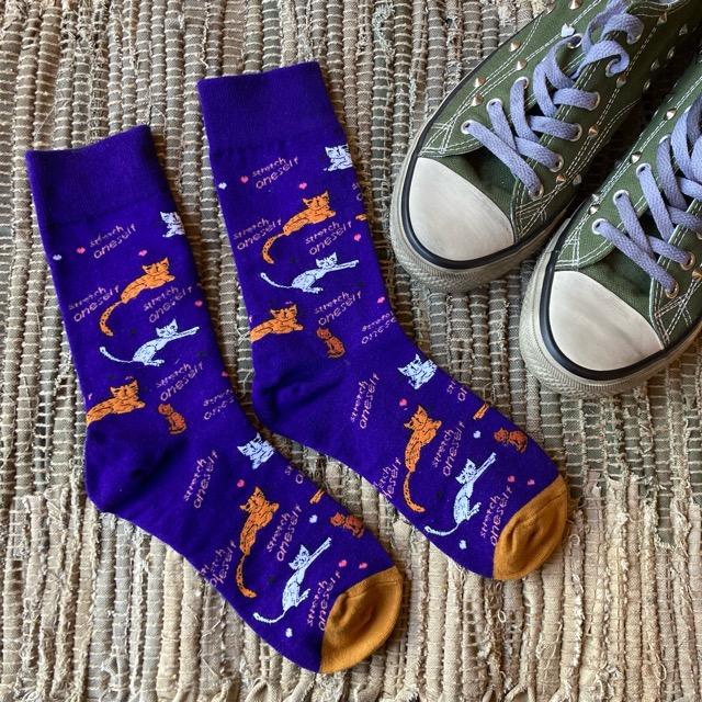 TOPANGA SOCKS Men's　LOVE CATSソックス　パープル　猫　ネコ　キャット　靴下　メンズソックス　派手ソックス　　動物ソックス　プチギフト