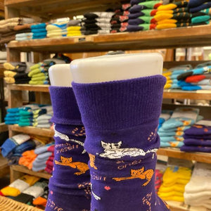 TOPANGA SOCKS Men's　LOVE CATSソックス　パープル　猫　ネコ　キャット　靴下　メンズソックス　派手ソックス　　動物ソックス　プチギフト