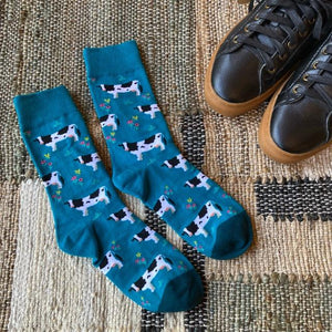 TOPANGA SOCKS Men's　ファームソックス　ブルー　牧場　ウシ　ホルスタイン　牛　靴下　メンズソックス　派手ソックス　　動物ソックス　プチギフト