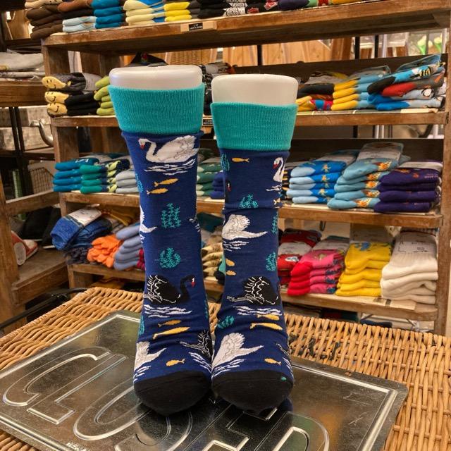 TOPANGA SOCKS Men's　スワンソックス　ネイビー　白鳥　黒鳥　湖　靴下　メンズソックス　派手ソックス　　動物ソックス　プチギフト