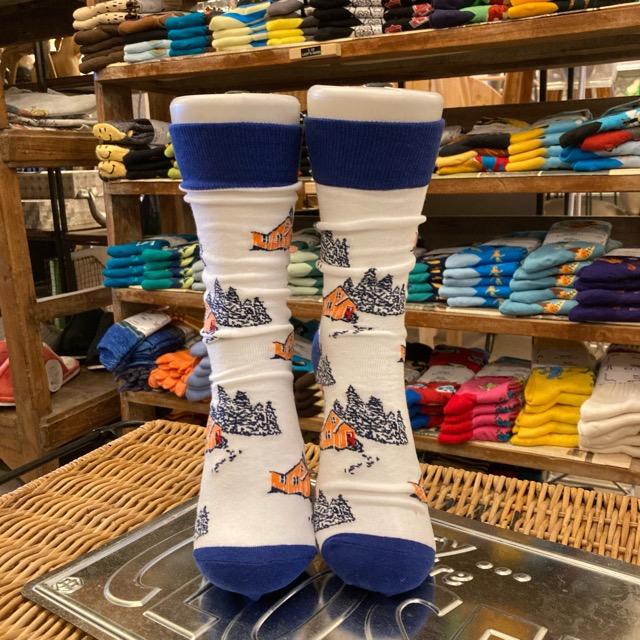 TOPANGA SOCKS Men's　山小屋ソックス　ホワイト　雪山　森　スキー　靴下　メンズソックス　派手ソックス　プチギフト