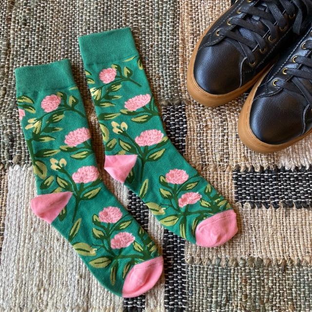 TOPANGA SOCKS Men's　ダリアソックス　グリーン　ピンク　花　靴下　メンズソックス　派手ソックス　プチギフト