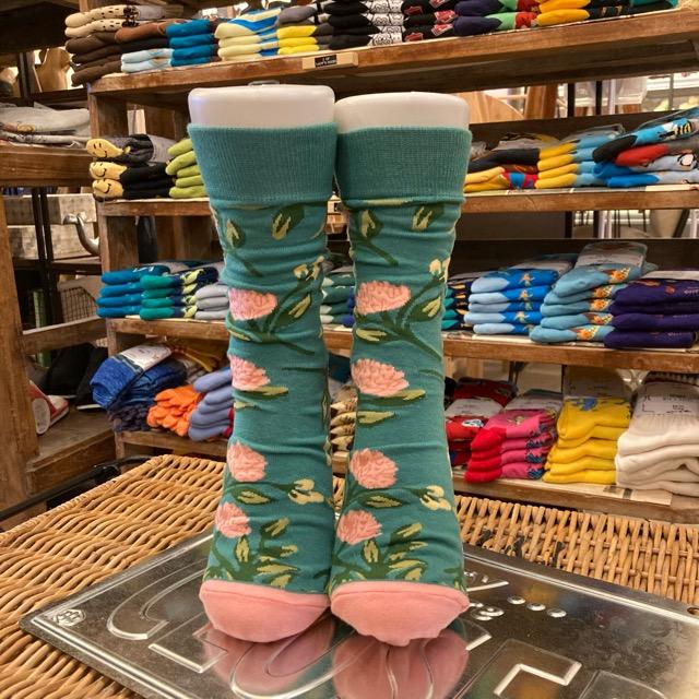 TOPANGA SOCKS Men's　ダリアソックス　グリーン　ピンク　花　靴下　メンズソックス　派手ソックス　プチギフト