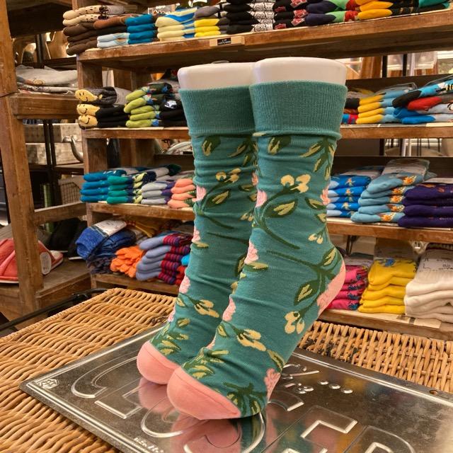 TOPANGA SOCKS Men's　ダリアソックス　グリーン　ピンク　花　靴下　メンズソックス　派手ソックス　プチギフト