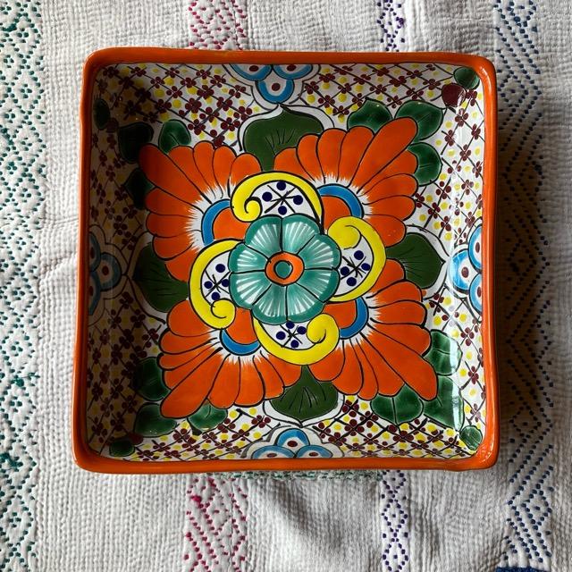メキシコ　グアナファト焼　四角深皿　オレンジ 全３種　ディナープレート　大皿　盛り付け　パーティー　角皿