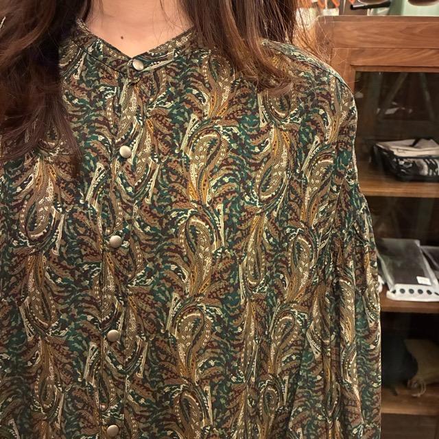 PARIS DE AOUNE Earth Paisley Band Collar Gathered Dress, Long, UNIVERSAL TISSU, Made in Japan　