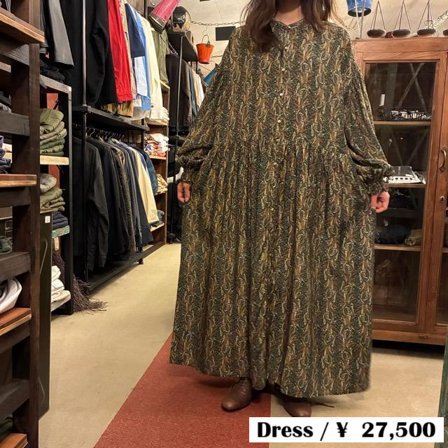 PARIS DE AOUNE Earth Paisley Band Collar Gathered Dress, Long, UNIVERSAL TISSU, Made in Japan　
