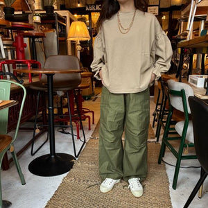 UNIVERSAL SEVEN All-USA Cotton Cuff Gathered Pullover in Greige and Beige, Long Sleeve T-Shirt with Puff Sleeves