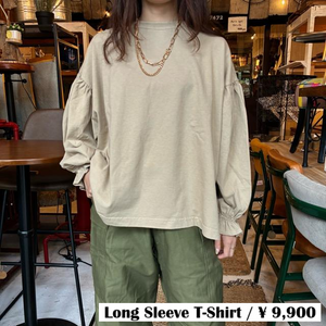 UNIVERSAL SEVEN All-USA Cotton Cuff Gathered Pullover in Greige and Beige, Long Sleeve T-Shirt with Puff Sleeves