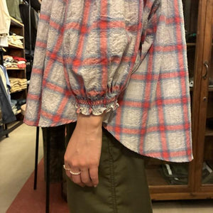 UNIVERSAL SEVEN　ユニヴァーサルセブン　ヘリンボンチェック トリプルシャーリングショートブラウス　シロチェック　シャツ　長袖ブラウス　バンドカラー