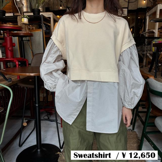 UNIVERSAL SEVEN Central Fleece Typewriter Combo Pullover, Ivory x Greige, Cut and Sew Blouse/Sweatshirt