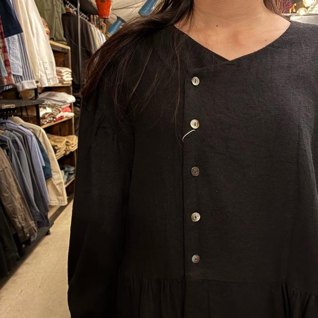 UNIVERSAL SEVEN Cotton-Linen Brushed Twill Gown Dress, Black, Long, Made in Japan, Long Jacket, Open-Front, Black