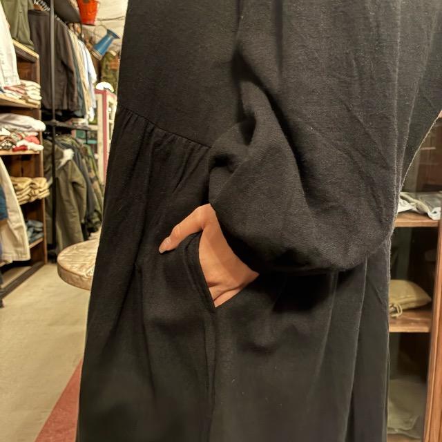 UNIVERSAL SEVEN Cotton-Linen Brushed Twill Gown Dress, Black, Long, Made in Japan, Long Jacket, Open-Front, Black