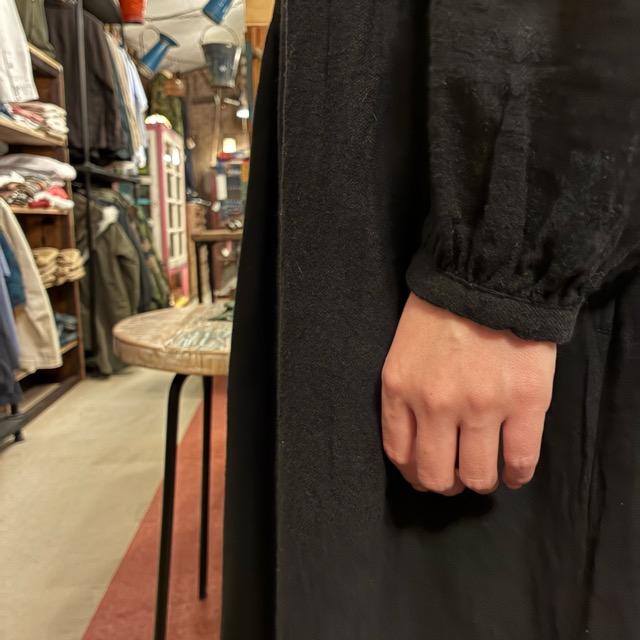 UNIVERSAL SEVEN Cotton-Linen Brushed Twill Gown Dress, Black, Long, Made in Japan, Long Jacket, Open-Front, Black