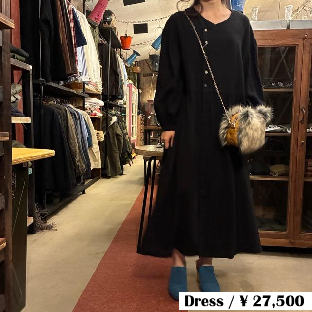 UNIVERSAL SEVEN Cotton-Linen Brushed Twill Gown Dress, Black, Long, Made in Japan, Long Jacket, Open-Front, Black