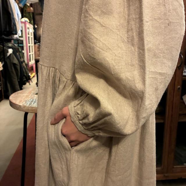 UNIVERSAL SEVEN Cotton-Linen Brushed Twill Gown Dress, Off-White, Long, Made in Japan, Long Jacket, Open-Front　