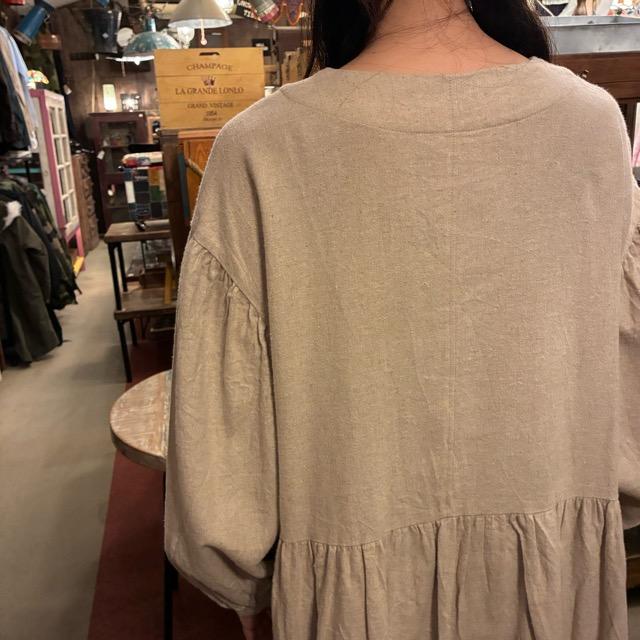 UNIVERSAL SEVEN Cotton-Linen Brushed Twill Gown Dress, Off-White, Long, Made in Japan, Long Jacket, Open-Front　