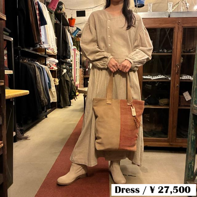 UNIVERSAL SEVEN Cotton-Linen Brushed Twill Gown Dress, Off-White, Long, Made in Japan, Long Jacket, Open-Front　